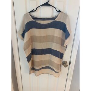 Pure Venice Striped Top Womens XL Blue Tan Cream Short Sleeve Relaxed Blouse